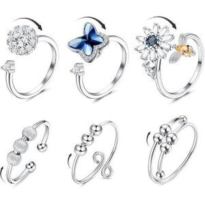 Women’s Adjustable Stress Relief Fidget Rings Set with Cubic Zirconia & Floral D